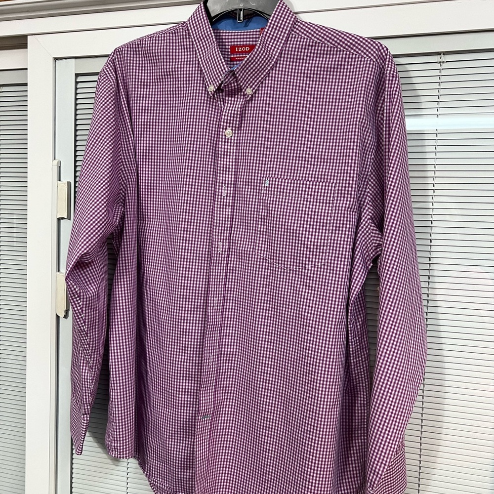 Classy purple/white IZOD check men’s button up shirt